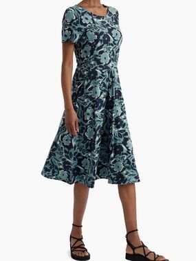 Floral Fit-and-Flare Midi Dress in Teal and Navy